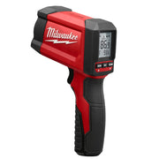 Red and black Milwaukee infrared laser temperature gun with digital display showing temperature readings.