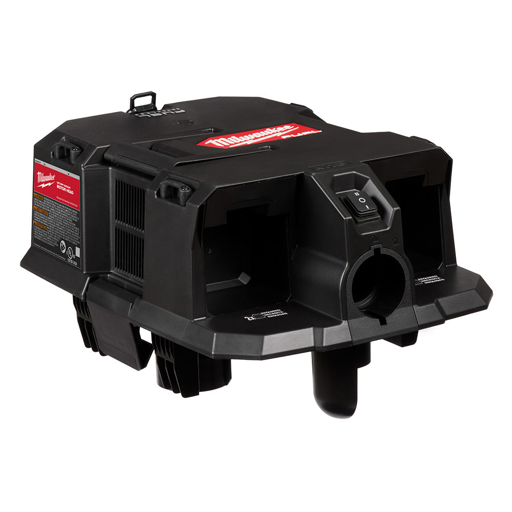 Black Milwaukee M18 FUEL wet/dry vacuum motor head with red branding label and dual battery compartments.