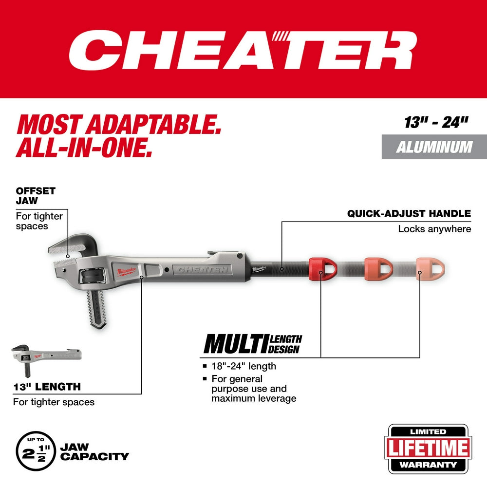 Milwaukee CHEATER aluminum pipe wrench with offset jaw, quick-adjust handle, and adjustable length from 13" to 24".