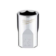 Chrome 13mm metric socket with 6-point opening, Milwaukee branding, 3/8 inch drive size.