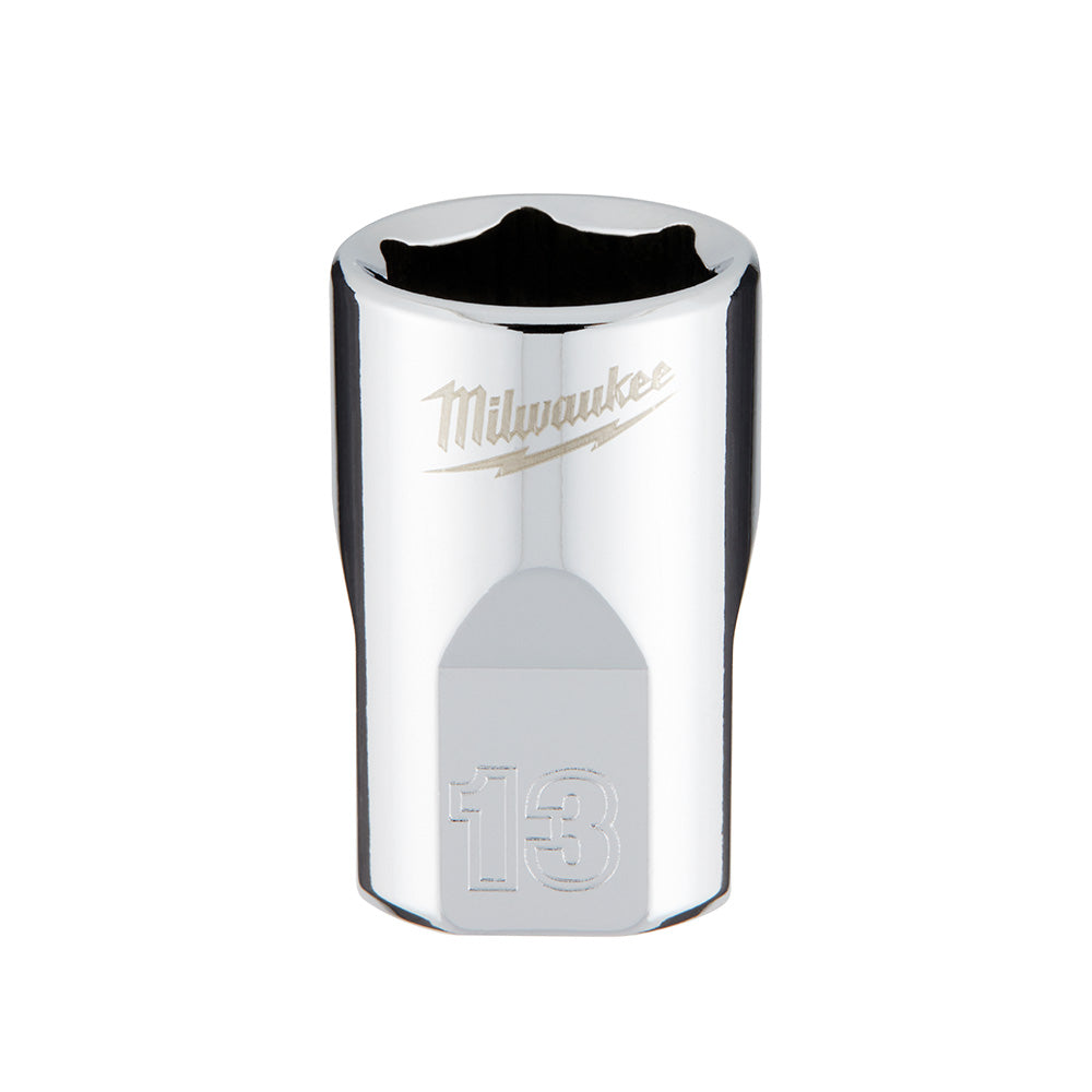 Chrome 13mm metric socket with 6-point opening, Milwaukee branding, 3/8 inch drive size.
