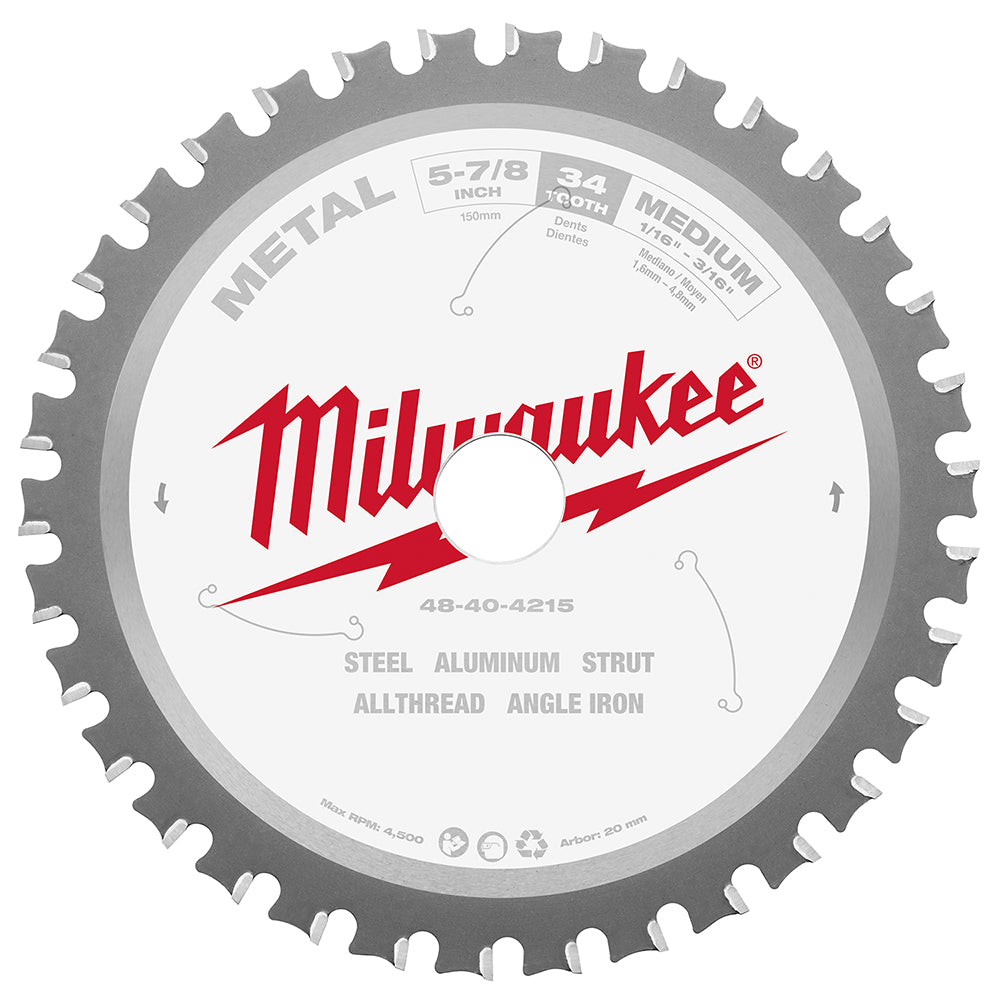 Milwaukee 5-7/8 inch metal cutting circular saw blade with 34 teeth, medium, for steel and aluminum.