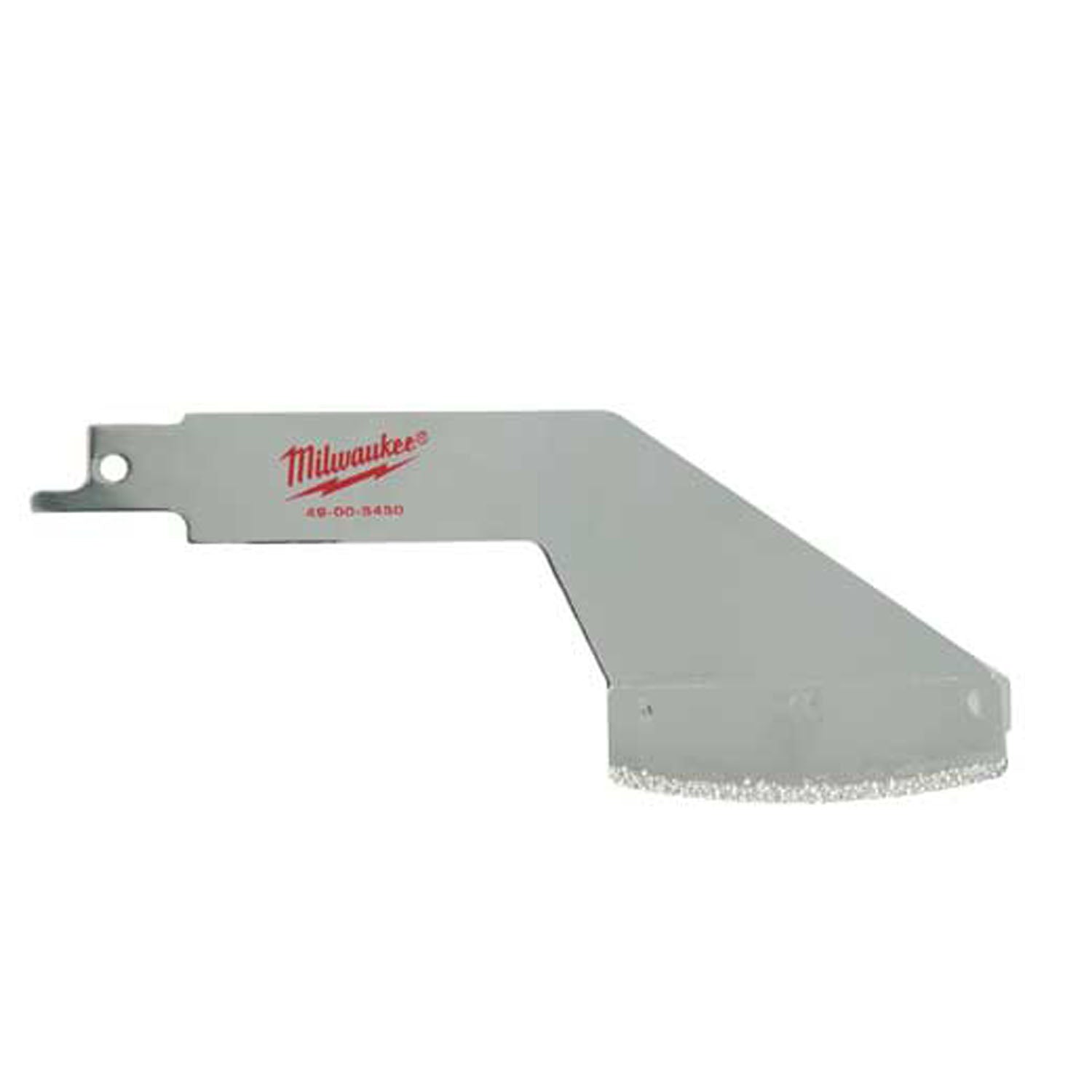 Milwaukee 49-00-5450 grout removal tool with gray metal handle and textured scraping blade.