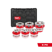 Milwaukee 6-piece pipe threading die head kit with red and white dies in black carrying case.