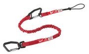 Red and black tool lanyard with two carabiners connected by elastic cord and webbing straps.