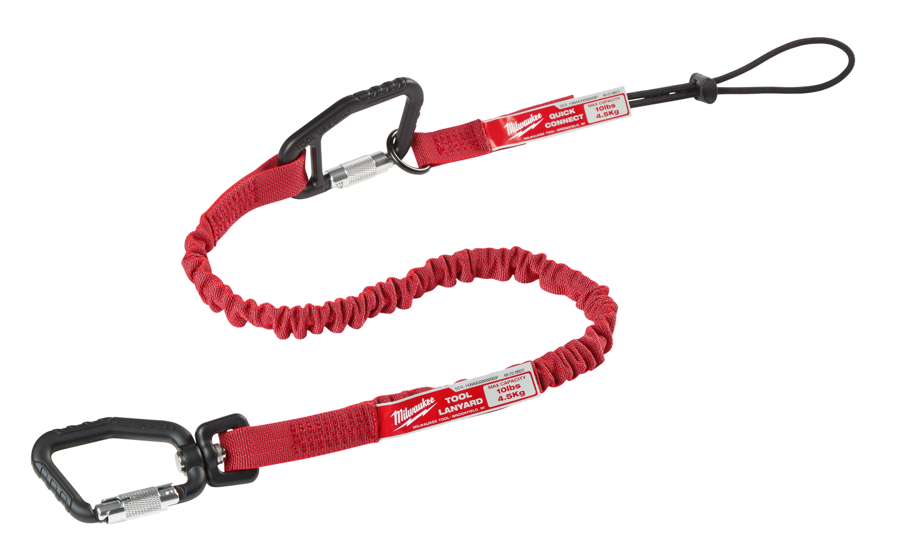 Red and black tool lanyard with two carabiners connected by elastic cord and webbing straps.