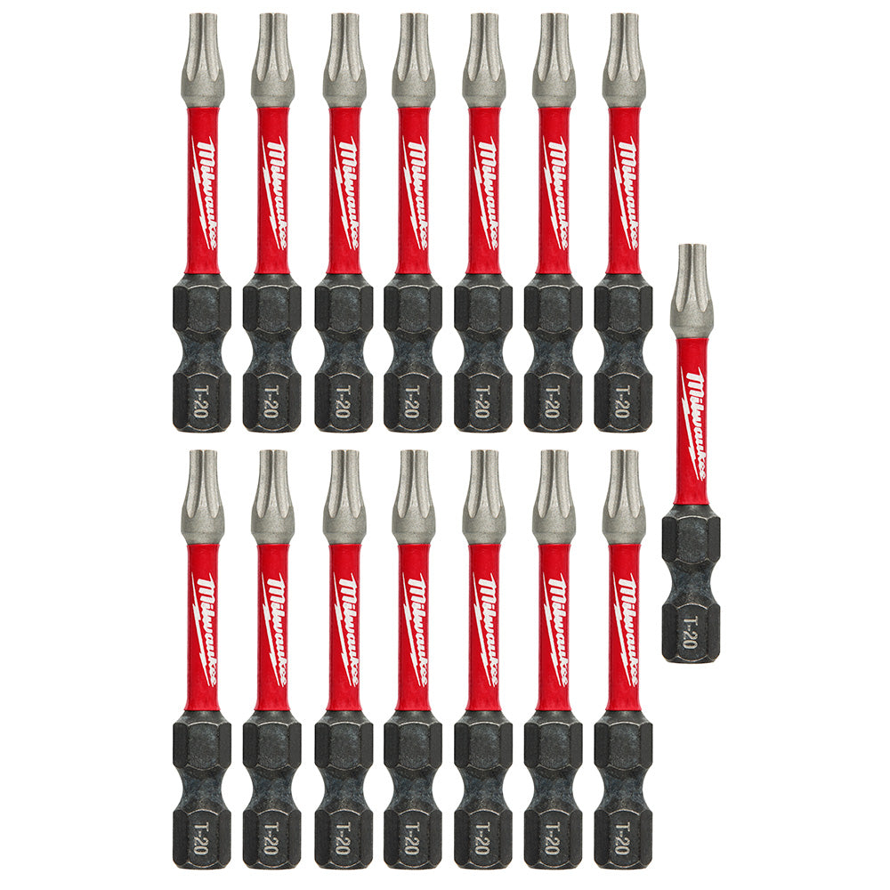 Fifteen Milwaukee Shockwave T20 impact power bits with red sleeves and black hex shanks arranged in rows.