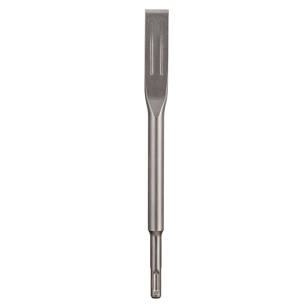Steel SDS Plus flat chisel with 3/4 inch wide blade and tapered shank for rotary hammer use.
