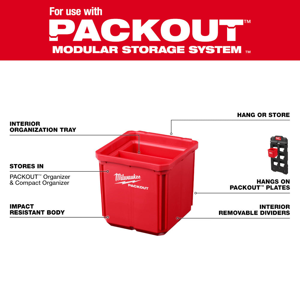 Red Milwaukee PACKOUT storage bin with interior tray and removable dividers, compatible with PACKOUT modular system plates.