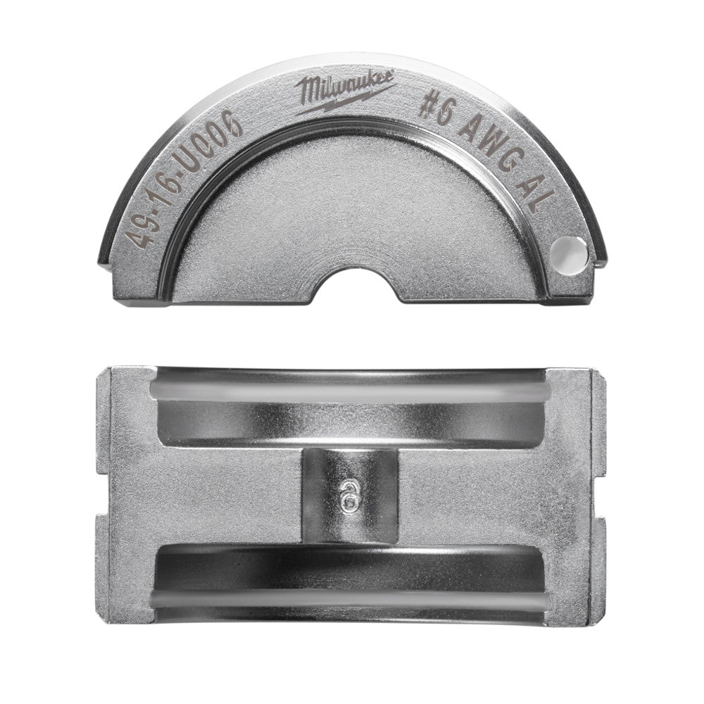Milwaukee #6 aluminum U-style die with curved top and rectangular base, marked "49-16-U006" and "#6 AWG/AL".