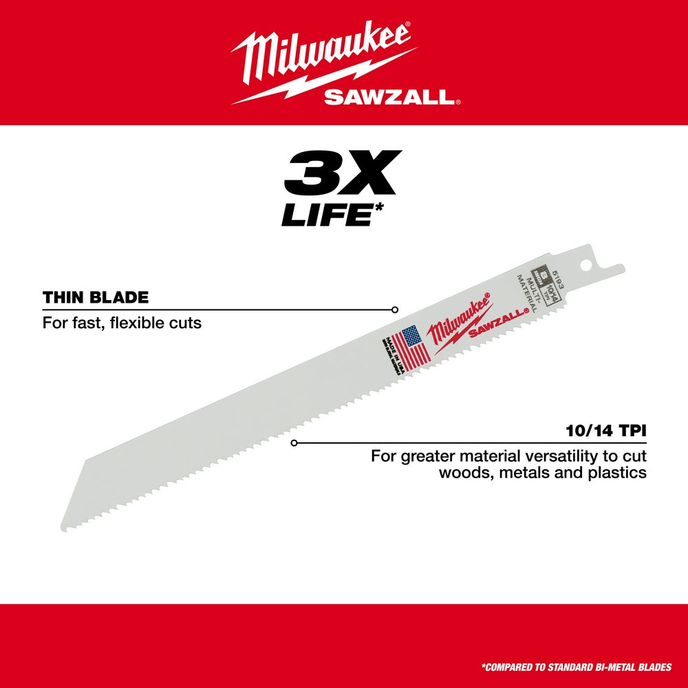 Milwaukee SAWZALL reciprocating saw blade, 8 inches long with 10/14 TPI teeth and mounting tang.
