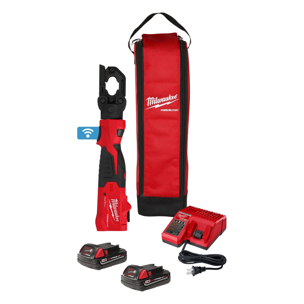 Milwaukee M18 FORCE LOGIC crimper kit with red carrying bag, two batteries, charger, and power cord.