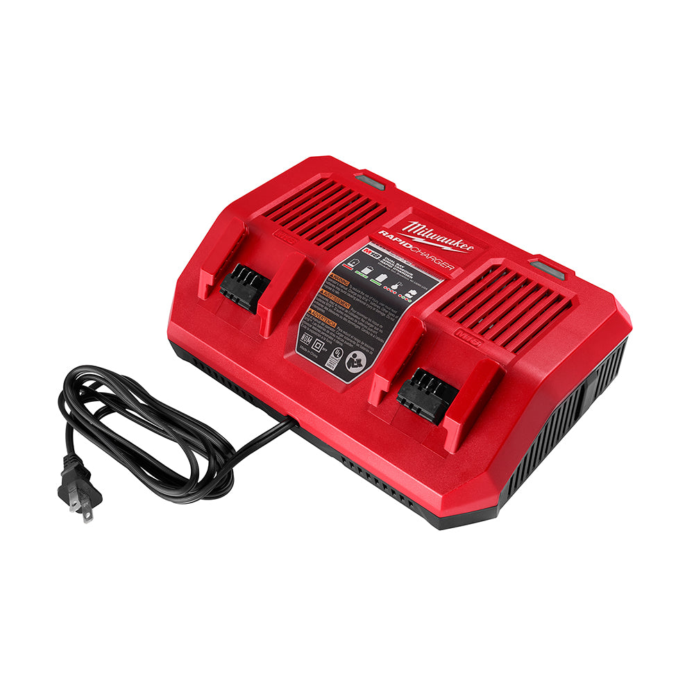 Red Milwaukee M18 dual bay charger with two battery slots, ventilation grilles, control panel, and attached power cord.