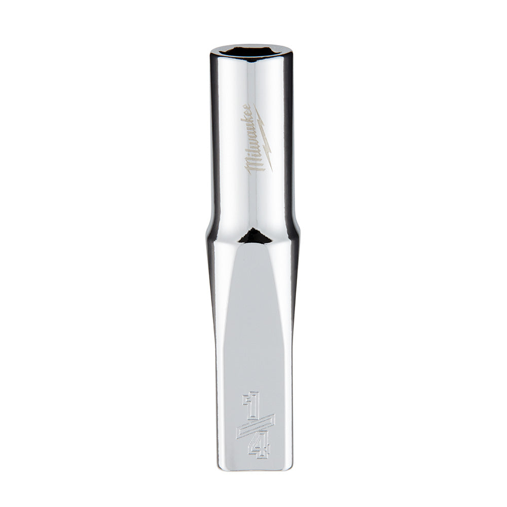 Chrome deep socket with 6-point hexagonal opening and Milwaukee branding on polished metal surface.