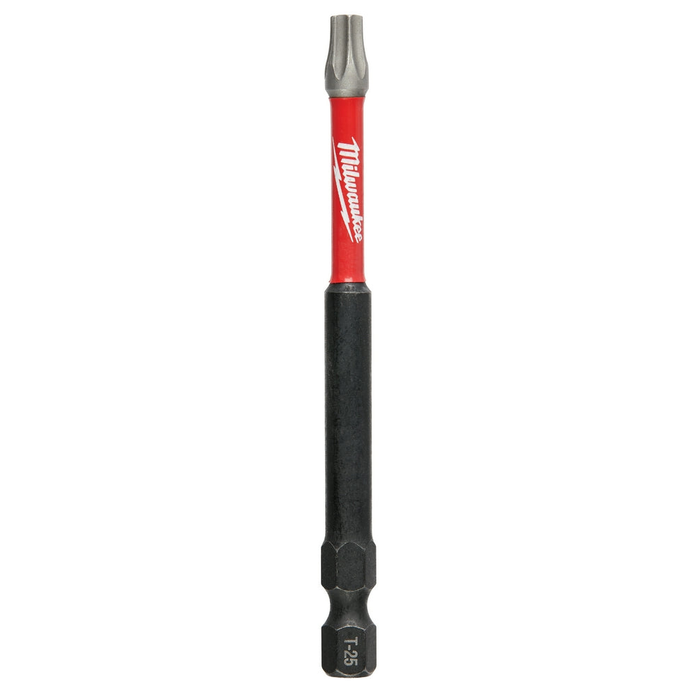 Milwaukee Shockwave 6 in. impact Torx T25 power bit with red sleeve and black grip.
