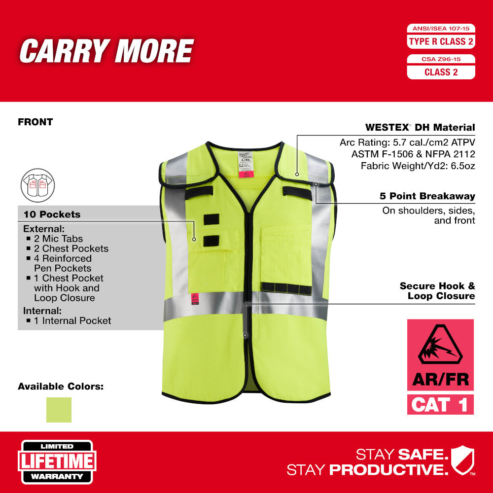 High-visibility yellow safety vest with reflective silver stripes, black trim, ten pockets, and breakaway closures on shoulde