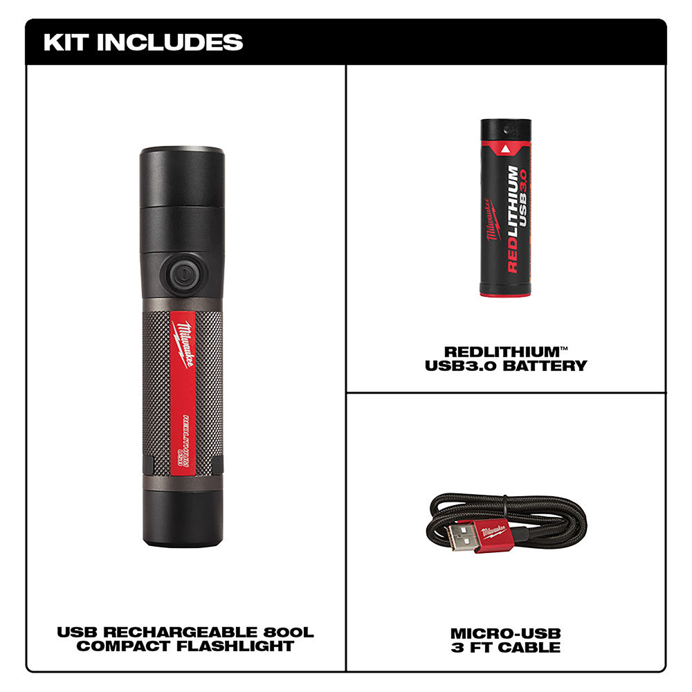 Black cylindrical flashlight with Milwaukee branding, included RedLithium USB3.0 battery, and micro-USB charging cable.