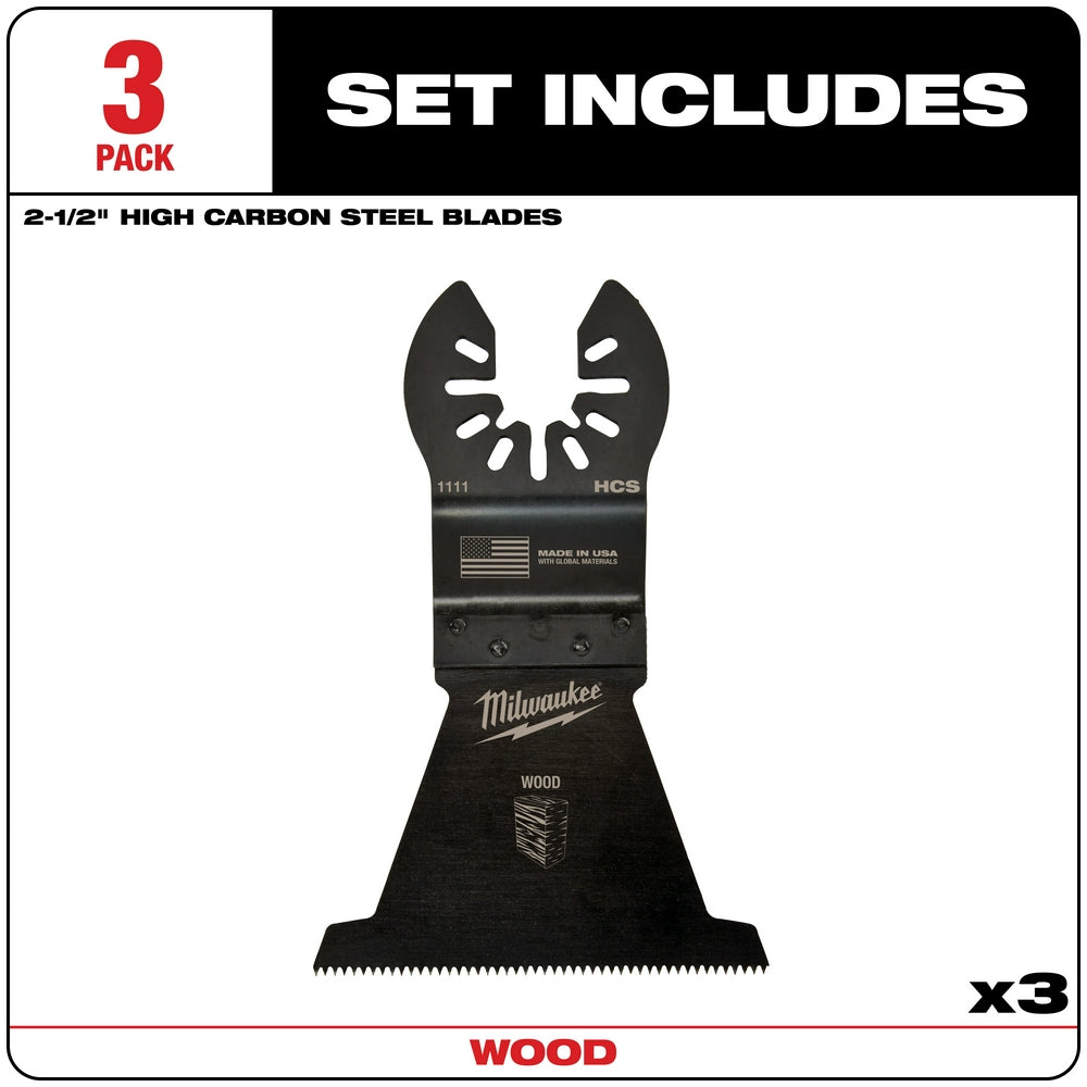 Three 2-1/2" Milwaukee OPEN-LOK high carbon steel wood cutting blades with serrated edges.