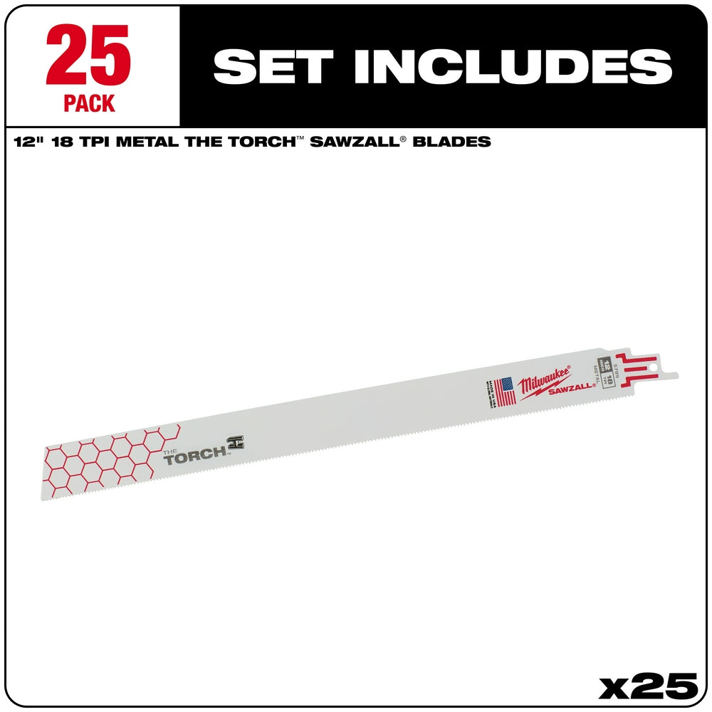 12-inch metal cutting sawzall blade with 18 TPI teeth and red hexagon pattern on shank.