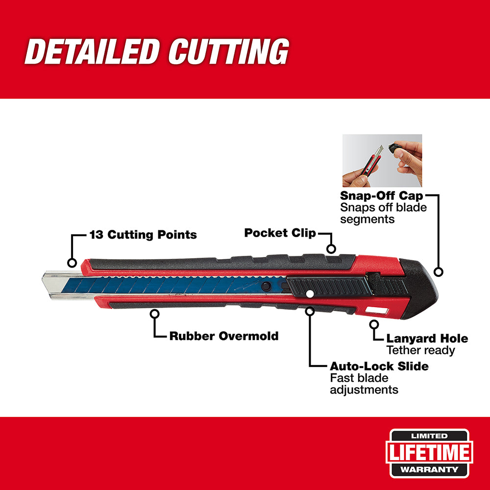 Milwaukee 9mm snap-off knife with red and black body, showing 13 cutting points, auto-lock slide, pocket clip, and lanyard ho