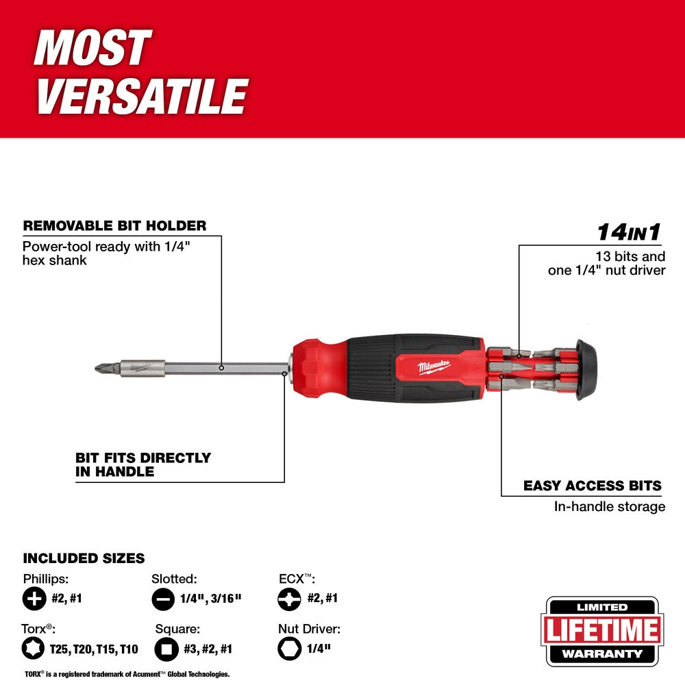 Red and black Milwaukee multi-bit screwdriver with removable bit holder and 13 interchangeable bits stored in handle.
