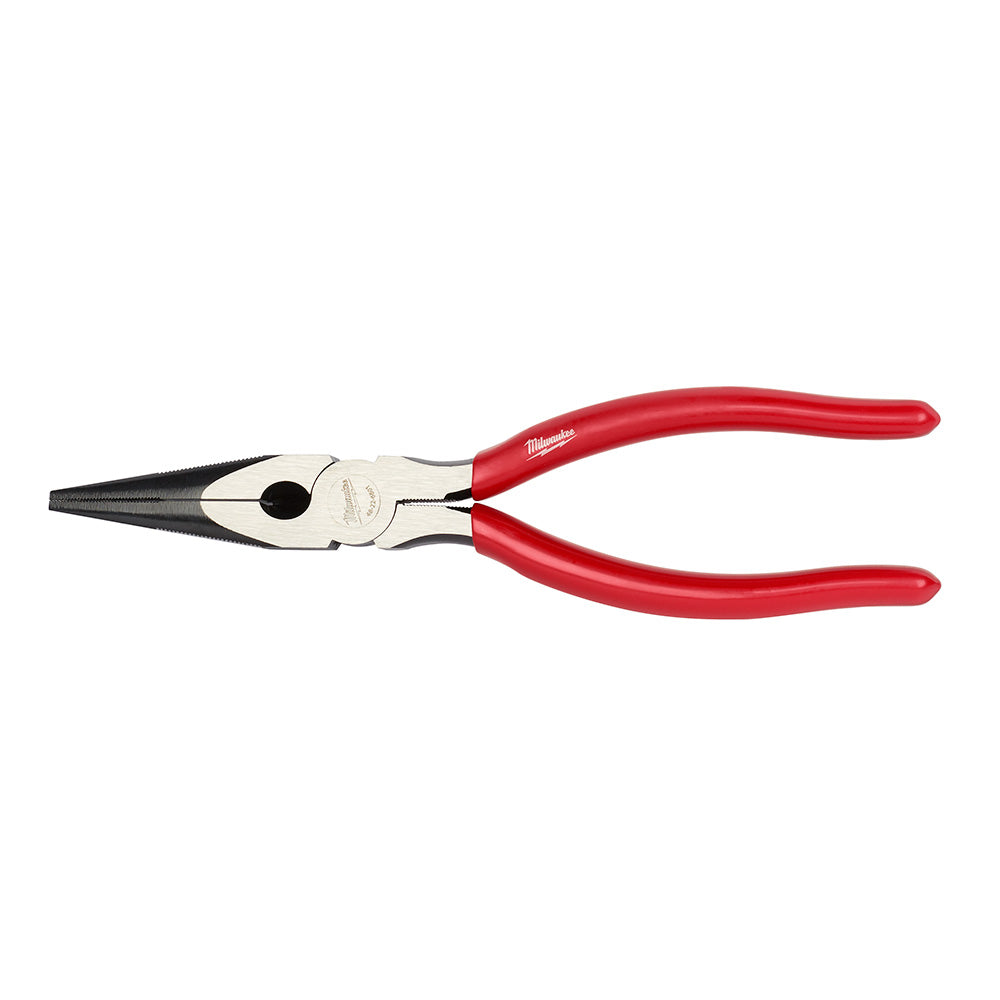 Long nose pliers with red handles and silver metal jaws with black serrated tips.