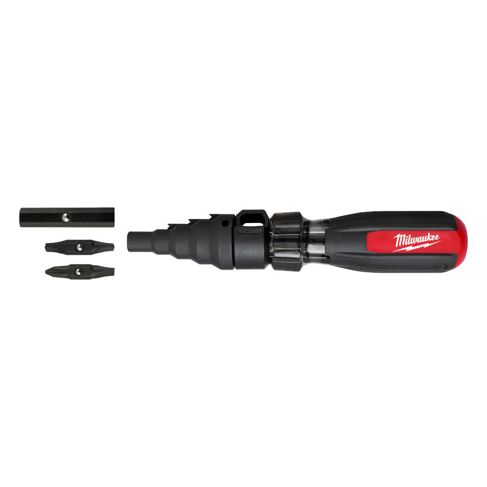 Milwaukee 7-in-1 conduit reamer with black and red handle and interchangeable bit attachments.