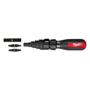 Milwaukee 7-in-1 conduit reamer with black and red handle and interchangeable bit attachments.