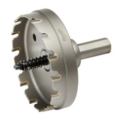 Carbide hole cutter with silver metal body, gold-tipped teeth around edge, and steel shaft with black spring coil.