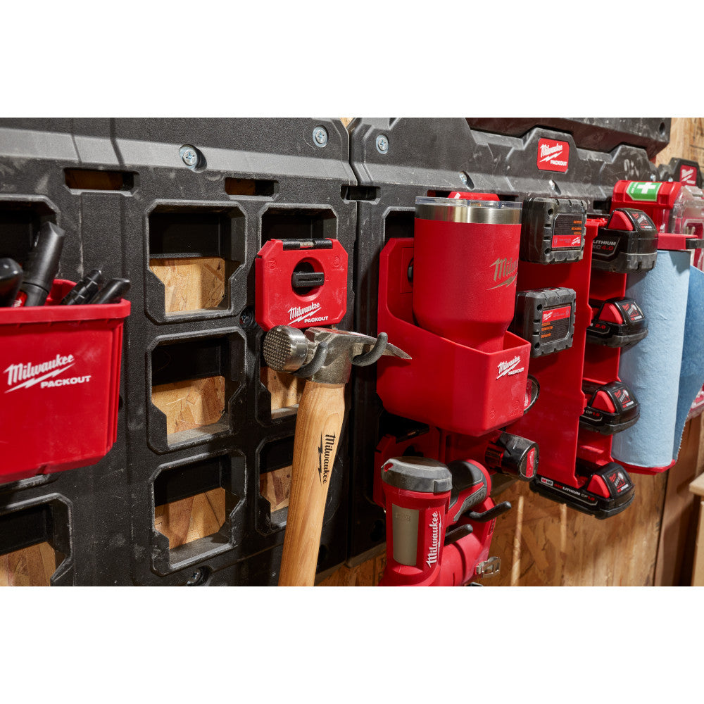 Milwaukee PACKOUT 3 curved hook mounted on black storage panel holding hammer with wooden handle.