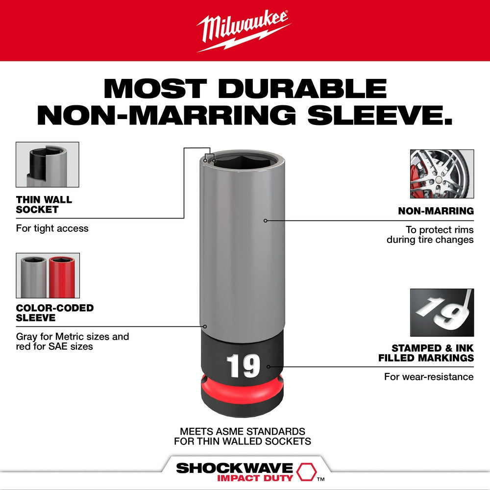 Gray cylindrical socket with black base and red band, labeled 22MM, featuring thin walls and non-marring sleeve.
