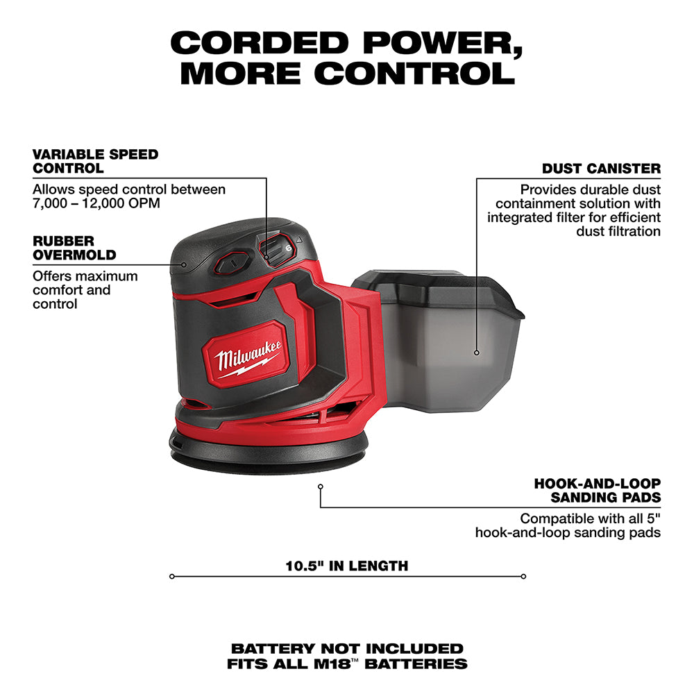 Milwaukee M18 random orbit sander with red and black housing, rubber grip, circular sanding pad, and attached dust canister.