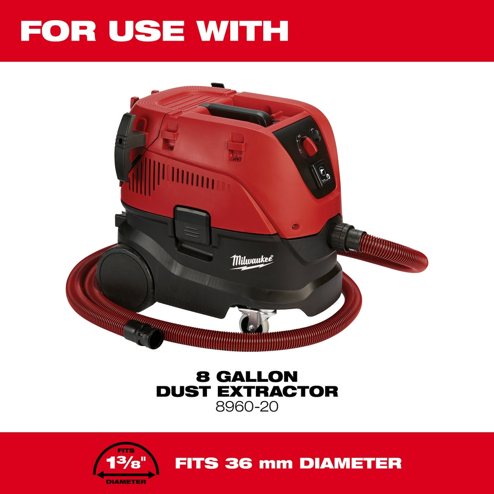 Milwaukee power tool adapter fits 36mm diameter dust extractor hose connections.
