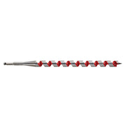 Long metal auger bit with red flutes and a pointed tip, displayed horizontally against white background.