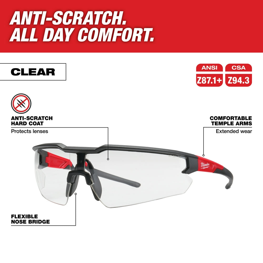 Milwaukee safety glasses with clear lenses, black frame, red accents, and flexible nose bridge for comfortable all-day wear.