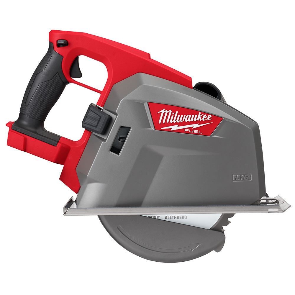 Red and gray Milwaukee M18 FUEL metal cutting circular saw with black grip handle and circular blade guard.