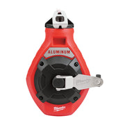Red and black Milwaukee chalk reel with aluminum spool, white top clip, and metal lever mechanism.