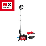 Tall tower light with extendable pole, black head with LED panels, red and black base unit, includes red charger and black ba
