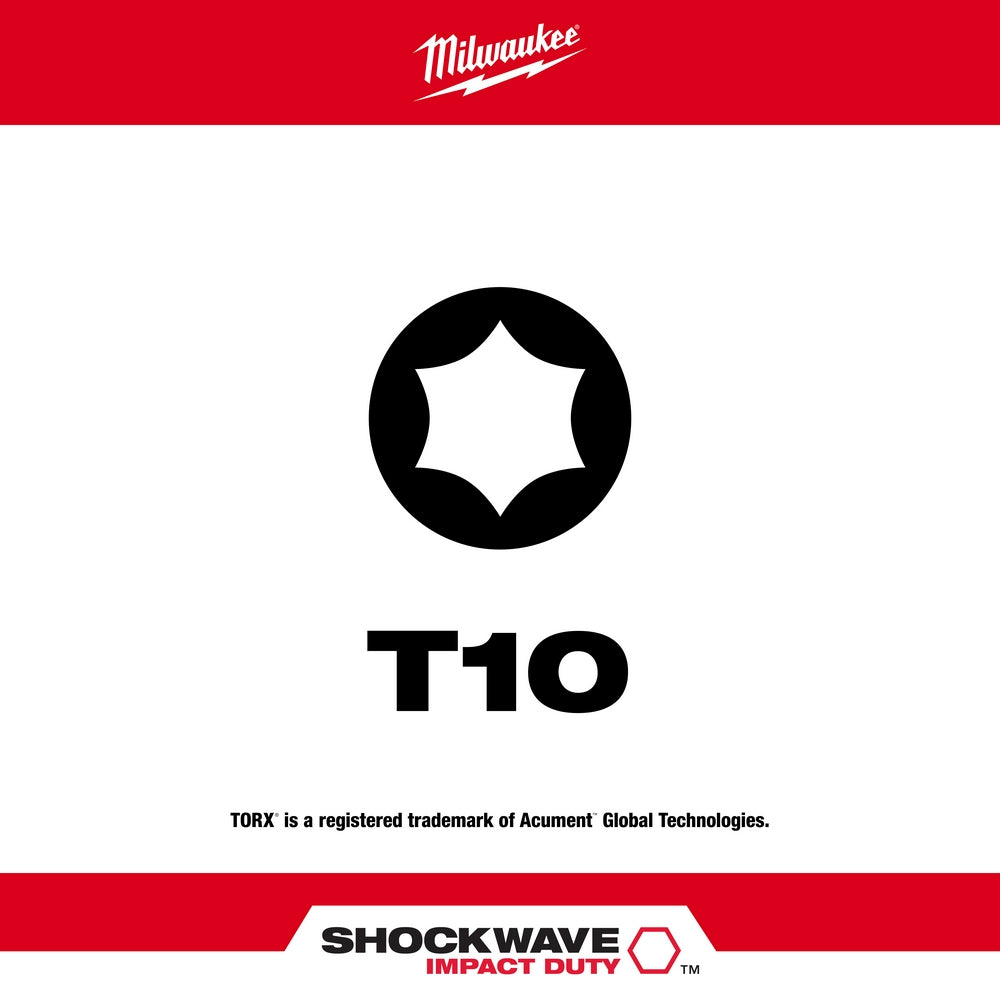 Milwaukee Shockwave T10 Torx impact power bit with star-shaped head displayed against white background.