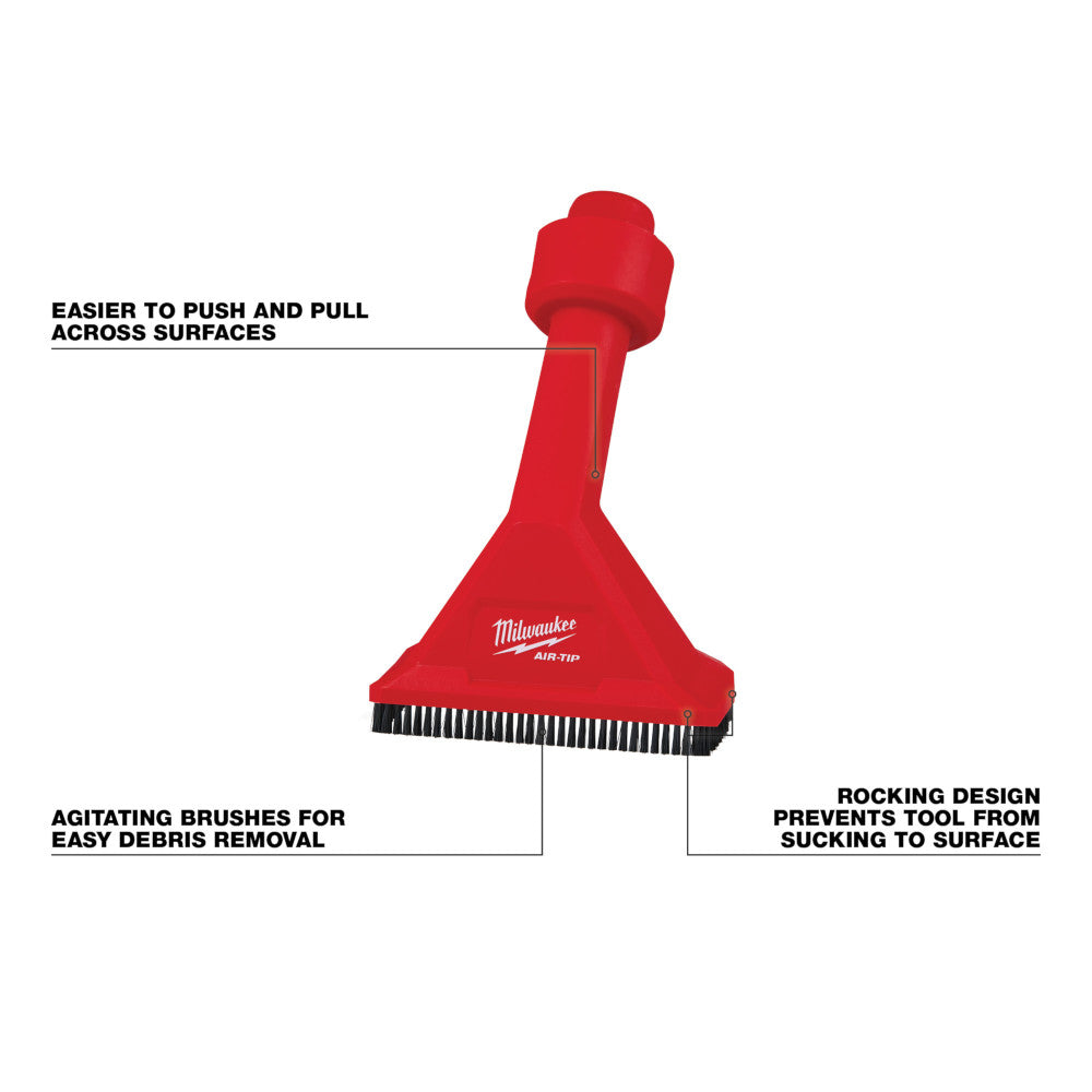 Red Milwaukee AIR-TIP utility nozzle with brush bristles and rocking base design, front view.