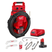 Red and black Milwaukee M12 FUEL chain snake tool with charger, battery, lubricant, accessories, and metal chain segments dis