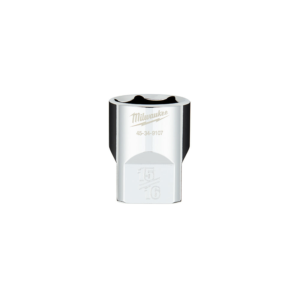 Milwaukee 1/2 in. drive 15/16 in. SAE 6-point socket with flat sides and model number 45-34-9107.