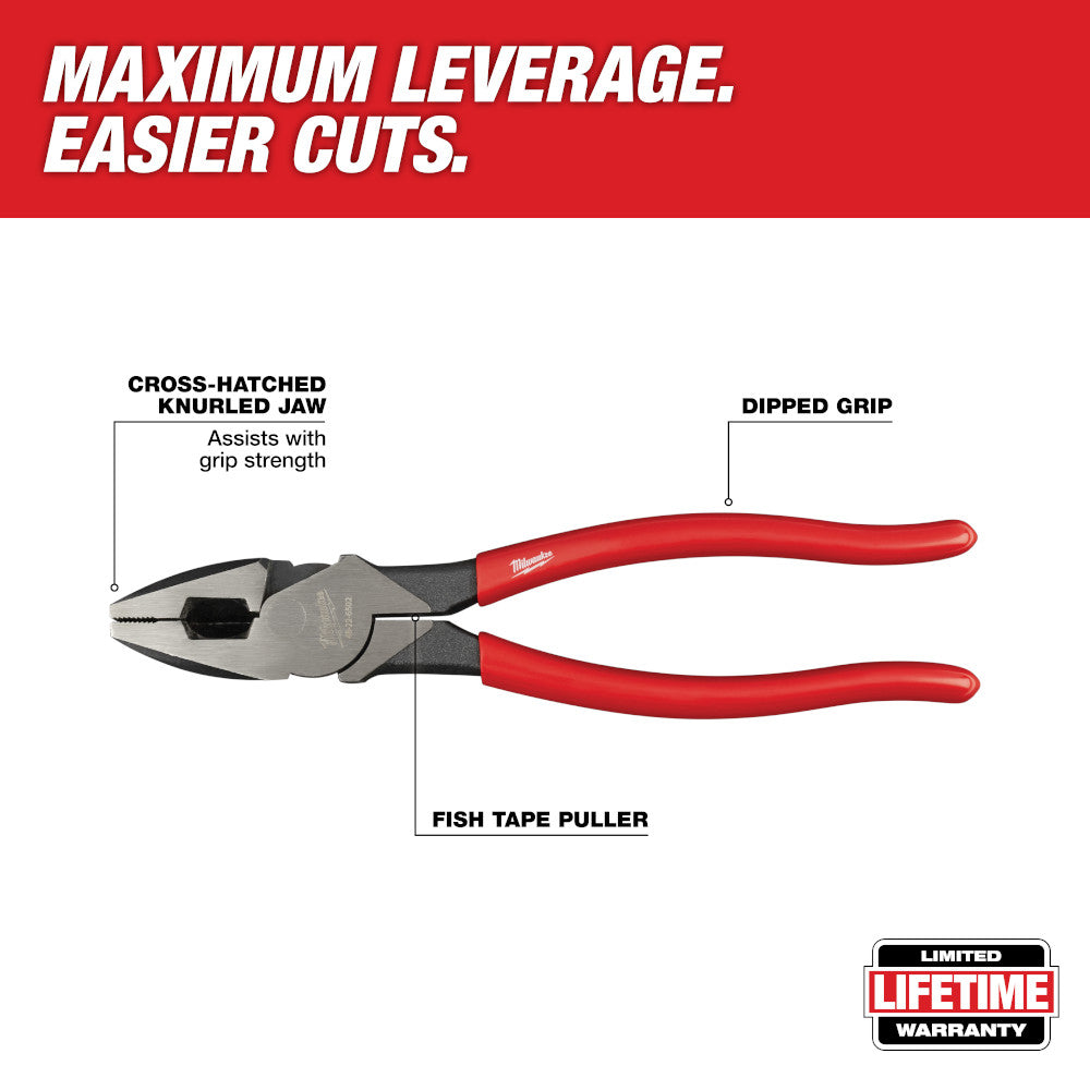 Milwaukee linesman's pliers with red dipped handles, cross-hatched jaw, and fish tape puller feature.