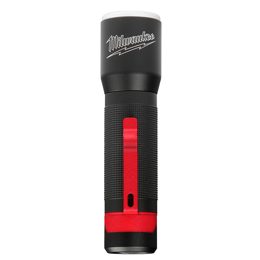 Black and red Milwaukee LED flashlight with textured grip and white logo on cylindrical body.