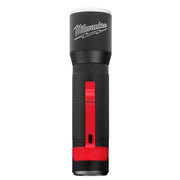 Black and red Milwaukee LED flashlight with textured grip and white logo on cylindrical body.