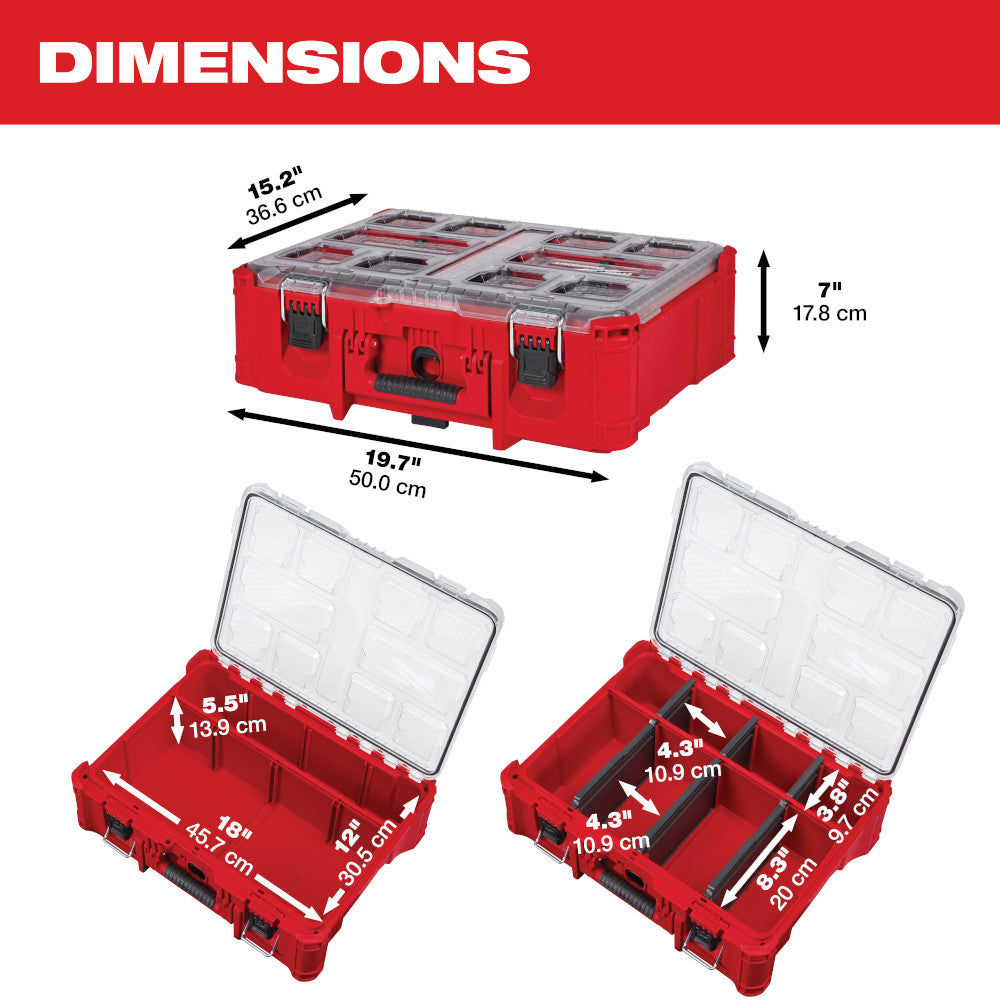 Red plastic PACKOUT organizer with gray compartmented lid, black handles, and multiple storage sections, measuring 19.7" x 15