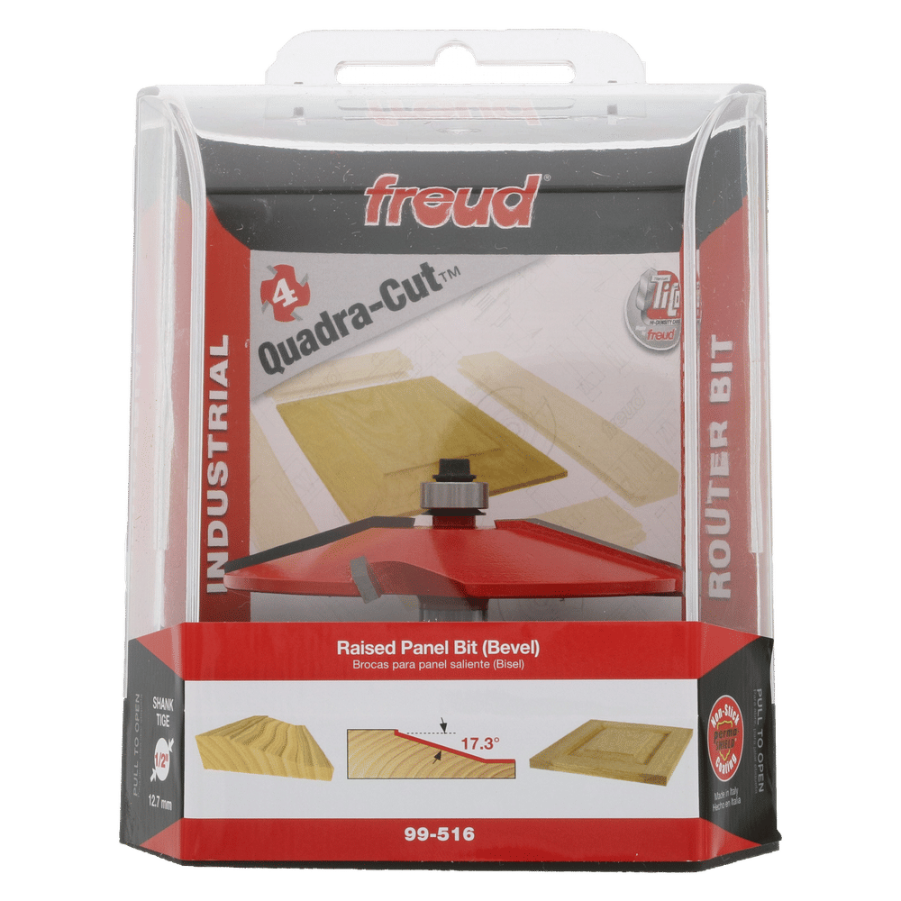 Freud Quadra-Cut raised panel router bit with red cutting head and black shank in clear plastic clamshell packaging.