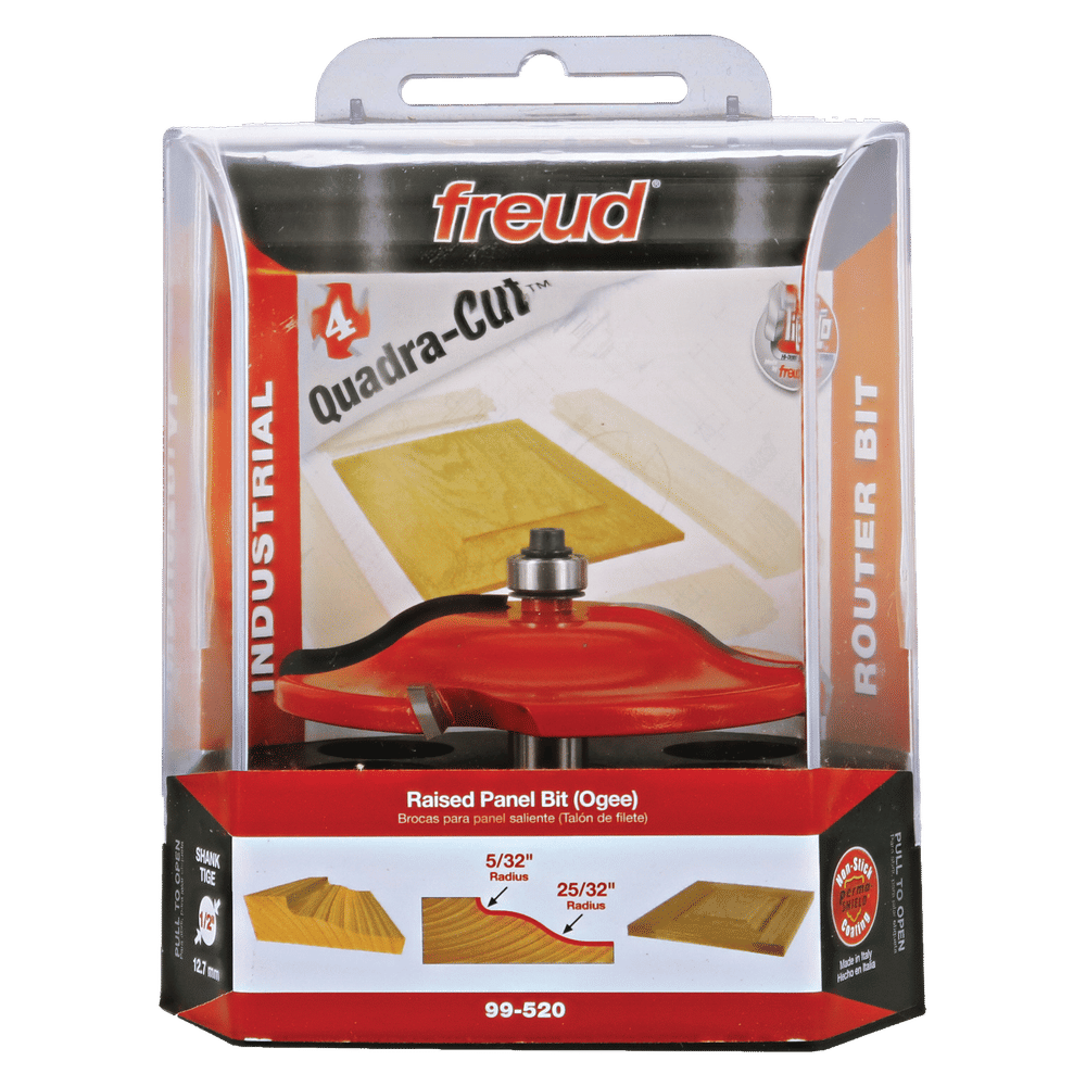 Red and silver Freud raised panel router bit in clear plastic clamshell packaging with product specifications and wood sample