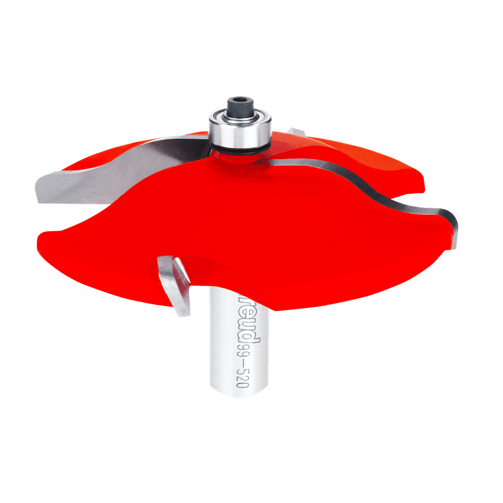 Red and gray raised panel router bit with white cylindrical shaft labeled with model number.