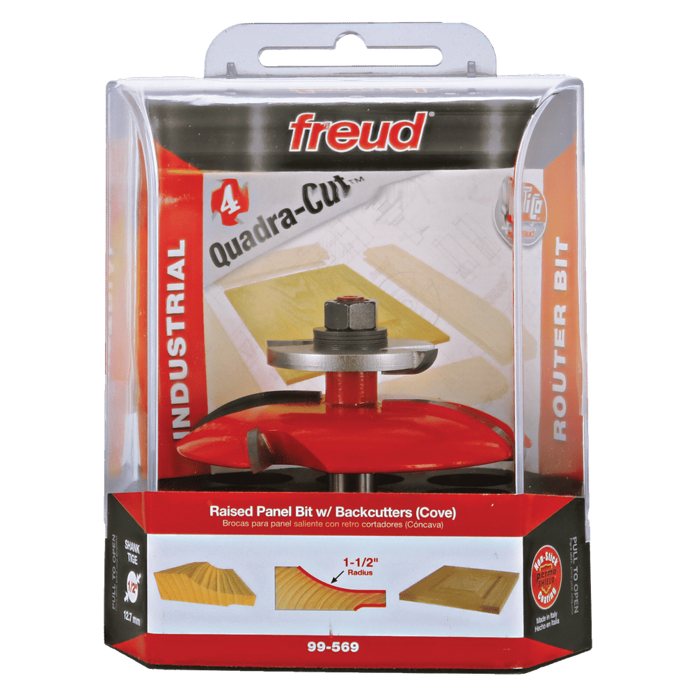 Freud raised panel router bit with red cutting head and backcutters in clear plastic clamshell packaging.